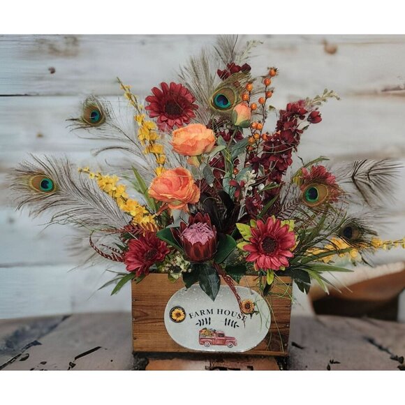 Farmhouse Floral Arrangement In Rustic Wooden Crate W/ Sunflowers & Peacock Feat - Picture 5 of 10